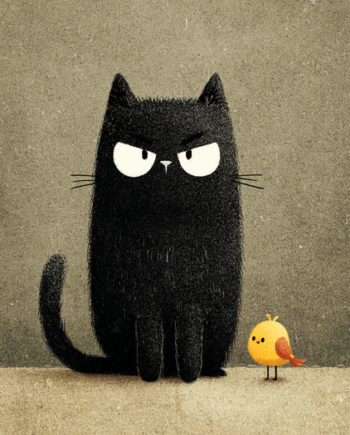 Japansk Plakat 17  Kat Og Gul Fugl Med Retro Udtryk